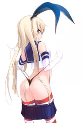 Rule 34 | 10s, 1girl, ass, black panties, blonde hair, blue eyes, elbow gloves, gloves, hair ribbon, kantai collection, long hair, looking at viewer, panties, panty lift, ribbon, shimakaze (kancolle), simple background, smile, solo, sora to umi, striped clothes, striped thighhighs, thighhighs, thong, underwear, wedgie, white background, white gloves