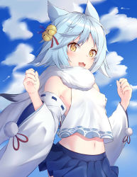 Rule 34 | 1girl, :3, :d, absurdres, animal ears, azur lane, bare shoulders, bell, blue hair, blue skirt, blue sky, breasts, cloud, cowboy shot, crop top, crop top overhang, detached sleeves, covered erect nipples, fubuki (azur lane), hair ornament, hands up, highres, jingle bell, long sleeves, looking at viewer, midriff, miniskirt, navel, no bra, open mouth, pleated skirt, ponta (velmar), scarf, shirt, short hair, skirt, sky, small breasts, smile, solo, white shirt, wide sleeves, yellow eyes