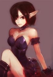 Rule 34 | 1girl, arm support, armband, bare shoulders, black hair, boots, breasts, brown eyes, brown hair, bustier, choker, cleavage, collarbone, elf, female focus, gloves, hair over one eye, jihoon, lips, looking at viewer, looking to the side, original, pleated skirt, pointy ears, shirt, sitting, skirt, sleeveless, sleeveless shirt, solo, strapless