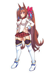 Rule 34 | 1girl, animal ears, breasts, brown hair, closed mouth, collar, cosplay, daiwa scarlet (umamusume), full body, garter straps, hair intakes, hair tie, hand on own hip, headgear, hip vent, horse ears, horse girl, horse tail, jacket, kantai collection, large breasts, long hair, moke ro, pleated skirt, purple eyes, red skirt, simple background, skirt, solo, standing, tail, thighhighs, tiara, trait connection, twintails, uchuu senkan yamato, uchuu senkan yamato 2199, umamusume, very long hair, white background, white jacket, white thighhighs, yamato (kancolle), yamato (kancolle) (cosplay)