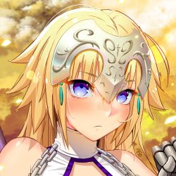 Rule 34 | 1girl, alcoholrang, bare shoulders, blonde hair, blue eyes, chain, dated, eyes visible through hair, fate/grand order, fate (series), frown, gauntlets, headpiece, high collar, jeanne d&#039;arc (fate), jeanne d&#039;arc (ruler) (fate), jeanne d&#039;arc (third ascension) (fate), lens flare, portrait, solo