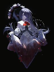 Rule 34 | 1girl, acheron (honkai: star rail), artist name, bare shoulders, black background, bridal gauntlets, choker, clear regulus, commentary, cropped torso, crying, crying with eyes open, dress, extra arms, floating hair, flower, hair over one eye, highres, honkai: star rail, honkai (series), layered dress, long hair, long sleeves, looking at viewer, off-shoulder dress, off shoulder, one eye covered, own hands clasped, own hands together, parted lips, purple hair, red choker, red flower, sidelocks, simple background, skirt hold, solo, stained clothes, streaming tears, tears