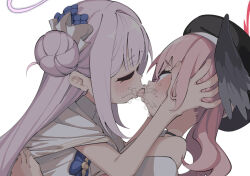 2girls beret black_hat blue_archive blush closed_eyes commentary_request french_kiss hair_bun halo hat highres kiss koharu_(blue_archive) long_hair mika_(blue_archive) multiple_girls pink_eyes pink_hair pink_halo saliva shiratama_mochi simple_background tongue tongue_out white_background yuri