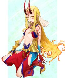Rule 34 | 1girl, arm tattoo, bare shoulders, blonde hair, commentary request, cosplay, earrings, facial mark, fang, fate/grand order, fate (series), fiery hair, forehead mark, full body, gauntlets, gilgamesh (fate), gilgamesh (caster) (fate), gilgamesh (caster) (fate) (cosplay), hair ribbon, harem pants, highres, horns, ibaraki douji (fate), jewelry, juukyuuhyaku (tsukuwo243), long hair, looking at viewer, oni, oni horns, open mouth, pants, pointy ears, puffy pants, red pants, ribbon, single gauntlet, solo, tattoo, very long hair, white ribbon, yellow eyes