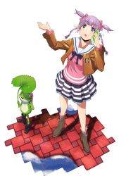 Rule 34 | 10s, 1girl, blue eyes, blush, boots, bow, bowtie, cellphone, frog, hair bow, hair ornament, hand up, jacket, lily pad, looking up, miniskirt, mokkei, nanajiinyi, open mouth, phone, puddle, purple hair, quad tails, skirt, solo, sudou cecil, wizard barristers: benmashi cecil