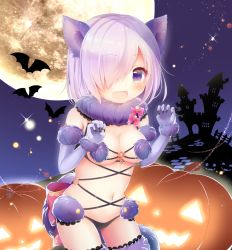 Rule 34 | 1girl, :d, animal, animal ears, bare shoulders, bat (animal), black panties, blush, breasts, castle, claw pose, cleavage, commentary request, elbow gloves, fang, fate/grand order, fate (series), full moon, fur-trimmed gloves, fur-trimmed legwear, fur collar, fur trim, gloves, hair over one eye, halloween, halloween costume, hands up, jack-o&#039;-lantern, lace, lace-trimmed legwear, lace trim, light purple hair, looking at viewer, mash kyrielight, mash kyrielight (dangerous beast), medium breasts, moon, navel, night, night sky, o-ring, o-ring top, official alternate costume, open mouth, outdoors, panties, purple eyes, purple gloves, revealing clothes, short hair, silhouette, sky, smile, solo, star (sky), starry sky, tail, thighhighs, underwear, wolf ears, wolf girl, wolf tail, yukiyuki 441