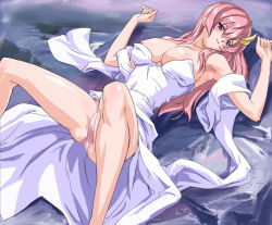 Rule 34 | 00s, 1girl, armpits, arms up, bare shoulders, blue eyes, blush, breasts, cleavage, clothes lift, covered erect nipples, dress, dress lift, duplicate, dutch angle, foreshortening, formal, grin, gundam, gundam seed, gundam seed destiny, hair ornament, huge breasts, lacus clyne, large breasts, long hair, looking away, lux (alpa), lying, naughty face, nipple slip, nipples, non-web source, on back, panties, pantyshot, pink hair, pink panties, shawl, shiny skin, smile, solo, spread legs, underwear