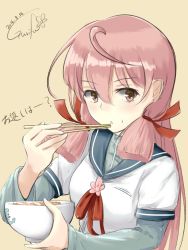 Rule 34 | 10s, 1girl, 2016, :o, ahoge, akashi (kancolle), blush, bowl, breasts, chopsticks, dated, eating, food, food on face, gurifu, gyuudon, hair ribbon, kantai collection, long hair, long sleeves, looking at viewer, pink eyes, pink hair, ribbon, rice, rice on face, school uniform, serafuku, solo, tress ribbon, twintails