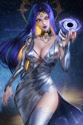 Rule 34 | 1girl, armor, artist name, ayya sap, black nails, black sclera, breasts, bridal gauntlets, choker, circlet, cleavage, colored sclera, commentary, dress, english commentary, fingernails, grey dress, hand up, large breasts, long fingernails, long hair, looking at viewer, nail polish, nostrils, original, purple hair, purple lips, sharp fingernails, shiny clothes, shoulder armor, silver dress, solo, symbol-shaped pupils, thighhighs, thighs, watermark, web address, yellow eyes