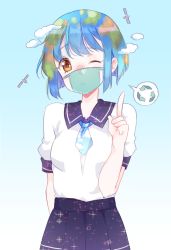 Rule 34 | 1girl, arm behind back, arrow (symbol), black sailor collar, black skirt, blouse, blue background, blue hair, blue necktie, blush, breasts, cloud, cloud print, earth-chan, gradient background, green hair, hand up, humanization, looking at viewer, mask, medium breasts, mouth mask, multicolored hair, necktie, niniidawns, nose blush, one eye closed, original, personification, pointing, pointing up, recycling symbol, sailor collar, satellite, school uniform, serafuku, shirt, short hair, short sleeves, simple background, skirt, solo, speech bubble, starry sky print, surgical mask, tareme, two-tone hair, white shirt, wink, yellow eyes