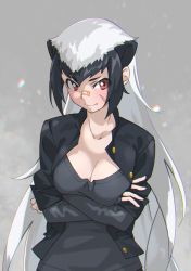 Rule 34 | 1girl, absurdres, animal ears, arms under breasts, badger ears, bandaid, bandaid on face, bandaid on nose, black hair, black shirt, breasts, buttons, cleavage, closed mouth, collarbone, collared shirt, crossed arms, dress shirt, elbow gloves, extra ears, eyes visible through hair, facial scar, fingerless gloves, gloves, grey hair, grey shirt, highres, kemono friends, light blush, long hair, medium breasts, multicolored hair, open clothes, open shirt, ratel (kemono friends), red eyes, scar, scar on cheek, scar on face, shirt, sidelocks, solo, tanabe (fueisei), unbuttoned, undershirt, upper body, very long hair