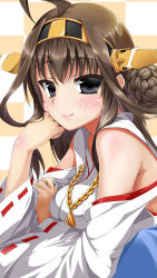 Rule 34 | 10s, 1girl, ahoge, black eyes, blush, braid, brown hair, detached sleeves, hairband, highres, japanese clothes, kantai collection, kongou (kancolle), kongouseki, lipstick, long hair, looking at viewer, makeup, nontraditional miko, solo, wide sleeves