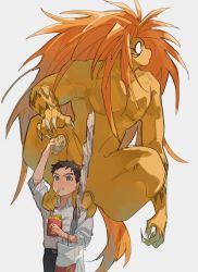 Rule 34 | 2boys, aotsuki ushio, bag, bbbb fex, big hair, claws, food, french fries, furry, furry male, highres, long hair, male focus, mcdonald&#039;s, messy hair, mouth hold, multiple boys, muscular, muscular male, no pupils, nude, on person, orange hair, shirt, shirt tucked in, simple background, tora (ushio to tora), ushio to tora, very long hair, white background, white shirt