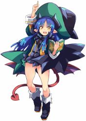 Rule 34 | 1girl, arm up, black bow, black cape, black footwear, black hat, black shirt, black skirt, blue hair, book, boots, bow, cape, copyright request, curled horns, demon girl, demon horns, demon tail, demon wings, gluteal fold, hand up, hat, highres, holding, holding book, horns, karukan (monjya), long sleeves, looking at viewer, low wings, open book, open mouth, parted bangs, pointy ears, purple wings, shirt, simple background, skirt, solo, tail, white background, wings, witch hat, yellow eyes