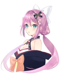 Rule 34 | 1girl, bare shoulders, black bow, blush, bow, breasts, brown bow, butterfly hair ornament, cleavage, collarbone, commentary request, cropped torso, flower, green eyes, hair between eyes, hair bow, hair flower, hair ornament, highres, long hair, low twintails, medium breasts, nijisanji, off shoulder, parted lips, pink flower, purple hair, rimo, sakura ritsuki, sakura ritsuki (1st costume), solo, twintails, upper body, virtual youtuber, white bow