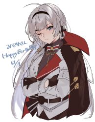 Rule 34 | 1girl, aogisa, azur lane, bad id, bad twitter id, belt, black gloves, blue eyes, blush, closed mouth, cross, crossed arms, earrings, gloves, hairband, happy birthday, highres, jewelry, long hair, looking at viewer, mainz (azur lane), one eye closed, silver hair, solo, uniform, white background