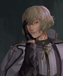 Rule 34 | 1boy, black gloves, black shirt, blonde hair, chinese commentary, commentary request, dated commentary, fangs, gloves, hair between eyes, hand on own cheek, hand on own face, higekiri (touken ranbu), jacket, jacket on shoulders, looking at viewer, male focus, military, military uniform, neck ribbon, open mouth, ribbon, shirt, short hair, smile, solo, teeth, touken ranbu, uniform, upper body, white jacket, yellow eyes, yellow ribbon, zi tsas