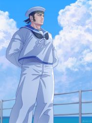 Rule 34 | 1boy, alternate costume, alternate facial hair, arms behind back, black hair, buzz cut, cloud, cloudy sky, contemporary, feet out of frame, fence, frown, golden kamuy, hat, long sideburns, male focus, nopinzo, pectorals, sailor collar, sailor hat, short hair, sideburns, sky, solo, tanigaki genjirou, thick eyebrows, very short hair, water, wind