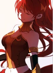 Rule 34 | 1girl, armlet, armor, bare shoulders, black gloves, breasts, circlet, cleavage, closed eyes, diadem, elbow gloves, forehead protector, gloves, gorget, kuma (bloodycolor), light smile, long bangs, long hair, medium breasts, navel, ponytail, pyrrha nikos, red hair, rwby, shadow, simple background, solo, white background