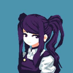 Rule 34 | 1girl, 4qw5, apron, black hair, closed mouth, collared shirt, jill stingray, looking at viewer, lowres, pixel art, purple eyes, shirt, twintails, va-11 hall-a, white shirt