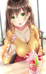 Rule 34 | 1girl, ai (sigatutoukaa), blush, breasts, brown hair, cleavage, earrings, green eyes, hair ornament, highres, jewelry, large breasts, lips, long hair, looking at viewer, open mouth, original, parfait, solo, spoon