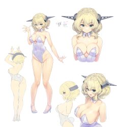 Rule 34 | 1girl, absurdres, animal ears, ass, bare legs, blonde hair, blue eyes, bow, breasts, cleavage, colorado (kancolle), commentary request, commission, cowboy shot, detached collar, headgear, highres, kantai collection, kiyama satoshi, large breasts, leotard, looking at viewer, multiple views, rabbit ears, rabbit tail, short hair, side-tie leotard, simple background, skeb commission, smile, standing, strapless, strapless leotard, tail, upper body, white background, white footwear, white leotard, wrist cuffs