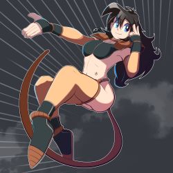 Rule 34 | 1girl, absurdres, alt text, birthmark, black hair, blue eyes, commission, commissioner upload, dragon ball, dragon ball gt, dragon ball heroes, dragon ball super, dragon ball xenoverse, dragonball z, freakyed, grey background, happy, highres, long hair, mami (oc), messy hair, monkey tail, navel, original, saiyan, smile, solo, tail, thighhighs
