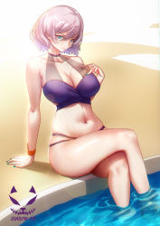 Rule 34 | 1girl, arm support, bikini, blue eyes, blue nails, breasts, cleavage, crossed legs, gridman universe, hair between eyes, highres, large breasts, mujina, nail polish, navel, partially submerged, pink hair, pool, purple bikini, shadow cat (yingmiao), short hair, sitting, ssss.dynazenon, swimsuit, water