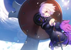 Rule 34 | 1girl, armor, azusa (hws), bodysuit, breasts, fate/grand order, fate (series), hair over one eye, large breasts, mash kyrielight, purple eyes, purple hair, reaching, reaching towards viewer, shield, short hair, solo