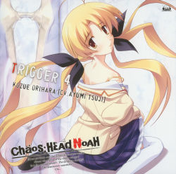 Rule 34 | 00s, 1girl, album cover, antenna hair, back, blonde hair, blush, bra, chaos;head, clothes lift, cover, english text, engrish text, female focus, from behind, hair ribbon, highres, lingerie, long hair, looking back, off shoulder, orihara kozue, plaid, ranguage, ribbon, school uniform, sitting, skirt, skirt lift, smile, solo, strap slip, sword, thighhighs, twintails, underwear, very long hair, weapon, white thighhighs, yellow eyes