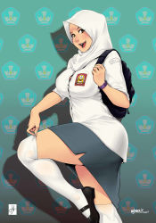 Rule 34 | 1girl, backpack, bag, blush, braces, breasts, brown eyes, highres, hijab, indonesian high school uniform, large breasts, looking at viewer, mary janes, miniskirt, nigaw, open mouth, original, school uniform, shirt, shoes, skirt, smile, solo, taut clothes, taut shirt, thighhighs, thighs, white thighhighs