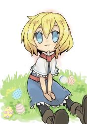 Rule 34 | 1girl, alice margatroid, between legs, black pantyhose, blonde hair, blue dress, blue eyes, boots, brown footwear, capelet, closed mouth, cookie (touhou), dress, easter egg, egg, frilled capelet, frilled dress, frills, full body, grass, hair between eyes, hand between legs, looking at viewer, nahori (hotbeans), pantyhose, red sash, red scarf, sash, scarf, short hair, sitting, smile, solo, star (symbol), touhou, web (cookie), white capelet