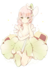 Rule 34 | 1girl, asymmetrical legwear, bow, breasts, cleavage, collarbone, dress, full body, green dress, green thighhighs, hair bow, holding, holding spoon, kneeling, long hair, lpip, original, pink hair, short dress, simple background, small breasts, solo, spoon, thighhighs, uneven legwear, white background, yellow eyes