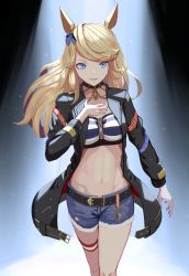 Rule 34 | 1girl, :d, absurdres, animal ears, bandeau, belt, black belt, black jacket, blonde hair, blue eyes, blue ribbon, commentary request, cowboy shot, cutoffs, denim, denim shorts, gold city (umamusume), hair ribbon, hand on own chest, highres, horse ears, jacket, long hair, long sleeves, looking at viewer, madori (madori151), midriff, multicolored nails, nail art, nail polish, navel, open clothes, open jacket, open mouth, ribbon, short shorts, shorts, smile, solo, standing, stomach, strapless, striped bandeau, thigh strap, thighs, tube top, umamusume