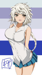 Rule 34 | 10s, alternate costume, aqua skirt, artist name, bare shoulders, braid, breasts, brown eyes, commentary request, highres, kantai collection, large breasts, long hair, looking at viewer, open mouth, silver hair, single braid, skirt, unryuu (kancolle), yanagi wakana