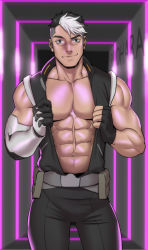 Rule 34 | 1boy, abs, absurdres, bara, belt, black hair, black pants, black vest, closed mouth, grey belt, highres, hyakujuu-ou golion, large pectorals, looking at viewer, male focus, muscular, muscular male, navel, open clothes, open vest, pants, pectorals, scar, scar on face, scar on nose, short hair, smile, solo, suyohara, takashi shirogane, vest, white hair
