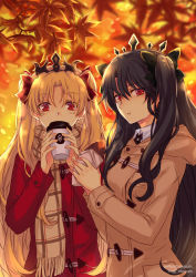 Rule 34 | 2girls, :t, autumn leaves, black bow, black hair, blonde hair, blurry, blurry background, blush, bow, brown coat, brown scarf, closed mouth, coat, collared shirt, commentary, cup, depth of field, disposable cup, duffel coat, english commentary, ereshkigal (fate), fate/grand order, fate (series), food, fringe trim, hair between eyes, hair bow, holding, holding cup, holding food, hood, hood down, hooded coat, ishtar (fate), leaf, long hair, long sleeves, looking at viewer, maple leaf, multiple girls, parted bangs, pout, red bow, red coat, red eyes, scarf, shirt, sweet potato, ten-chan (eternal s), twitter username, two side up, very long hair, white shirt