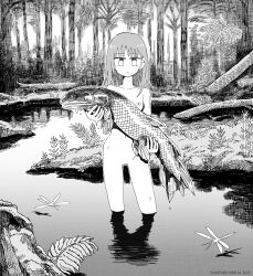 Rule 34 | 1girl, animal, aremoyou, artist name, breasts, bug, commentary, commentary request, completely nude, contrapposto, crosshatching, dated, day, dragonfly, dripping, expressionless, fern, fish, greyscale, hatching (texture), highres, holding, holding animal, holding fish, insect, long hair, looking at viewer, medium breasts, monochrome, navel, nipples, nude, original, outdoors, plant, pond, prehistoric, shadow, solo, straight-on, tree, wading, wet, wetland