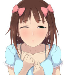 Rule 34 | 1girl, amami haruka, blush, bow, brown hair, collarbone, green eyes, hair bow, half-closed eyes, hands on own chest, hekomii, idolmaster, idolmaster (classic), incoming kiss, long hair, looking at viewer, one eye closed, pink bow, shiny skin, short sleeves, simple background, solo, upper body, white background