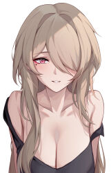 Rule 34 | 1girl, bare shoulders, black shirt, black tank top, blush, breasts, brown hair, chinese commentary, cleavage, collarbone, commentary request, hair over one eye, heart, highres, honkai (series), honkai impact 3rd, large breasts, long bangs, long hair, looking at viewer, mole, mole under eye, parted lips, purple eyes, rita rossweisse, ruo zhishi chu jian, shirt, simple background, smile, solo, strap slip, tank top, teeth, upper body, white background