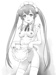 Rule 34 | 10s, 1girl, apron, blush, breasts, cleft of venus, elf, fuji shinobu, greyscale, highres, long hair, looking at viewer, maid, maid apron, maid headdress, monochrome, myucel foalan, nipples, open mouth, outbreak company, pointy ears, pussy, small breasts, smile, solo, thighhighs, twintails, uncensored