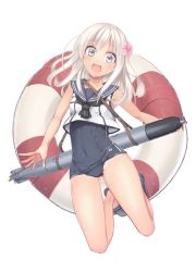 Rule 34 | 10s, 1girl, blonde hair, blue eyes, crop top, flower, hair flower, hair ornament, kantai collection, lasel, lifebuoy, long hair, one-piece swimsuit, open mouth, ro-500 (kancolle), sailor collar, school swimsuit, solo, swim ring, swimsuit, swimsuit under clothes, tan, tanline