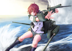 Rule 34 | 10s, 1girl, boots, buttons, cannon, clenched hand, clenched teeth, cloud, cloudy sky, hair between eyes, kantai collection, kinu (kancolle), knee boots, machinery, museum2088 (shentian), ocean, pleated skirt, red eyes, red hair, school uniform, serafuku, short hair, short sleeves, skirt, sky, solo, teeth, turret, uniform, water