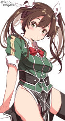 Rule 34 | 1girl, asymmetrical legwear, breasts, brown hair, commentary request, cowboy shot, green shirt, hair between eyes, hair ribbon, highres, kantai collection, laco soregashi, long hair, looking at viewer, one-hour drawing challenge, pelvic curtain, red neckwear, ribbon, shirt, side slit, simple background, single thighhigh, small breasts, solo, thighhighs, tone (kancolle), tone kai ni (kancolle), twintails, twitter username, uneven legwear, white background