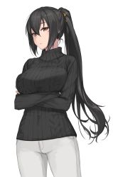 Rule 34 | 1girl, alternate costume, alternate hairstyle, black hair, black sweater, breasts, brown eyes, cowboy shot, crossed arms, highres, kantai collection, large breasts, long hair, nagato (kancolle), pants, ponytail, ribbed sweater, rokuwata tomoe, simple background, solo, sweater, turtleneck, turtleneck sweater, white background, white pants