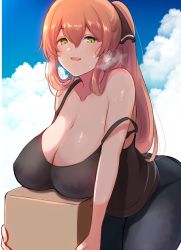 Rule 34 | 10eki (tenchou), 1girl, absurdres, ass, blush, box, breasts, brown hair, cleavage, collarbone, day, girls&#039; frontline, green eyes, hair ribbon, highres, holding, holding box, huge breasts, leaning forward, looking at viewer, springfield (girls&#039; frontline), no bra, off shoulder, open mouth, ponytail, ribbon, see-through, sidelocks, sky, solo, steam, tank top