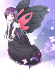 Rule 34 | 10s, accel world, antenna hair, bad id, bad pixiv id, bare shoulders, black hair, bug, butterfly, butterfly wings, dress, elbow gloves, gloves, headband, highres, insect, insect wings, kuroyukihime, long hair, mirei yumia, orange eyes, solo, wings