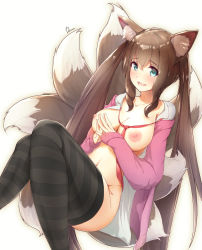 Rule 34 | :d, animal ear fluff, animal ears, aqua eyes, black thighhighs, blush, bottomless, breasts, brown hair, collarbone, collared shirt, commission, dermar, fang, fingers together, fox ears, fox girl, fox tail, hair between eyes, hands up, highres, jacket, knees together feet apart, knees up, large breasts, long hair, long sleeves, looking at viewer, medium breasts, multicolored tail, multiple tails, navel, necktie, nipples, open clothes, open jacket, open mouth, open shirt, own hands together, pink jacket, plushmallow, red necktie, shirt, sidelocks, simple background, skeb commission, sleeves past wrists, smile, striped clothes, striped thighhighs, tail, thick thighs, thighhighs, thighs, twintails, very long hair, white background, white shirt
