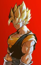 Rule 34 | 1boy, absurdres, arms at sides, artist name, biceps, blonde hair, closed mouth, collarbone, dougi, dragon ball, dragonball z, earrings, frown, gloves, green eyes, grey sash, hair between eyes, highres, jewelry, looking at viewer, male focus, muscular, muscular male, orange shirt, pectorals, potara earrings, red background, relio db318, sash, serious, shirt, simple background, solo, spiked hair, super saiyan, super saiyan 1, twitter username, upper body, v-shaped eyebrows, vegetto, veins, white gloves