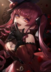 Rule 34 | 1girl, :d, black gloves, black hat, black ribbon, blunt bangs, breasts, cleavage, corset, dark background, detached sleeves, dress, flower, from side, gloves, hair ribbon, hands on own face, hat, hat flower, heterochromia, highres, hololive, houshou marine, houshou marine (gothic lolita), kogome (azalea4), large breasts, light, long hair, long sleeves, looking at viewer, looking to the side, open mouth, own hands together, petals, pocket watch, purple hair, red dress, red eyes, red flower, red rose, ribbon, rose, rose petals, see-through, see-through cleavage, sidelocks, smile, solo, top hat, twintails, twitter username, virtual youtuber, watch, yellow eyes